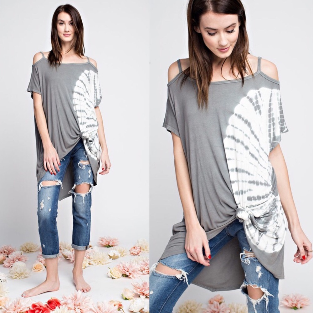 BellanBlue Gray Cold-Shoulder Tie-Dye Tunic Top